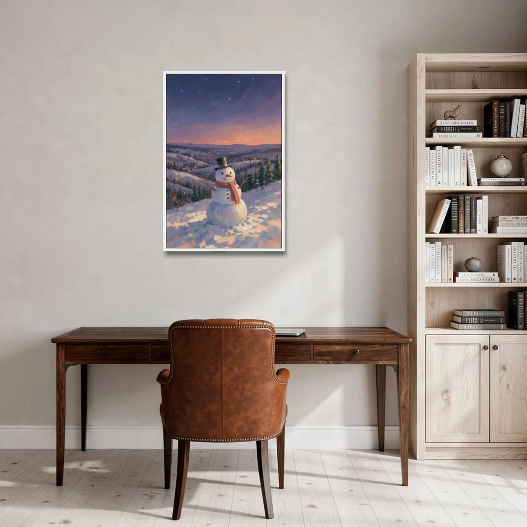 Snowy Night Painting with a Hilltop Snowman - White Framed Canvas Wall Art - Office - 24x36