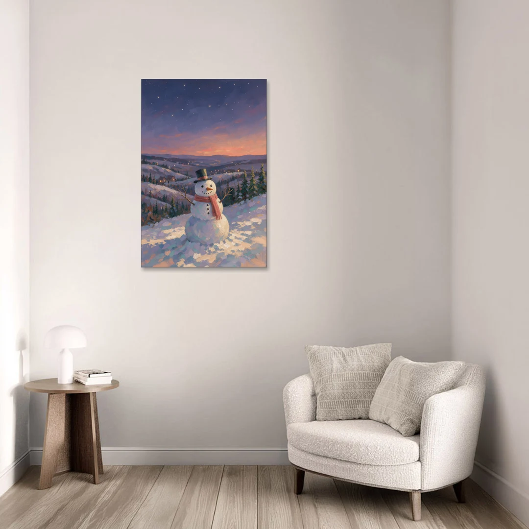 Snowy Night Painting with a Hilltop Snowman - Canvas Wall Art - Sofa - 24x36