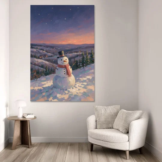Snowy Night Painting with a Hilltop Snowman - Canvas Wall Art - Sofa - 40x60