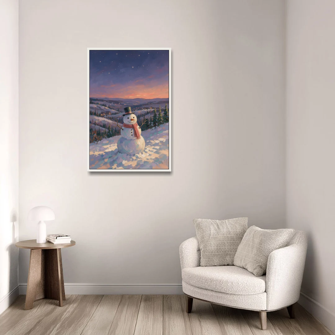 Snowy Night Painting with a Hilltop Snowman - White Framed Canvas Wall Art - Sofa - 24x36