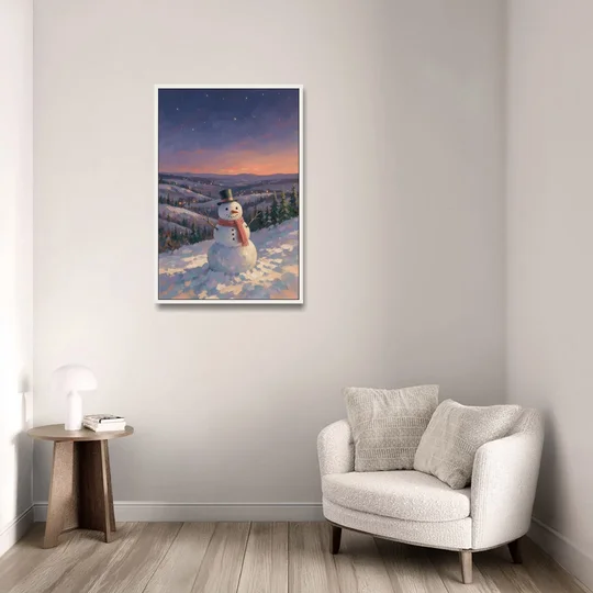Snowy Night Painting with a Hilltop Snowman - White Framed Canvas Wall Art - Sofa - 24x36