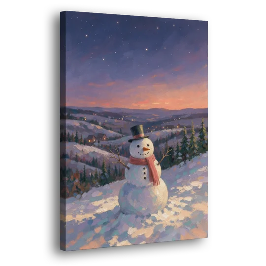 Snowy Night Painting with a Hilltop Snowman - Canvas Wall Art - Side