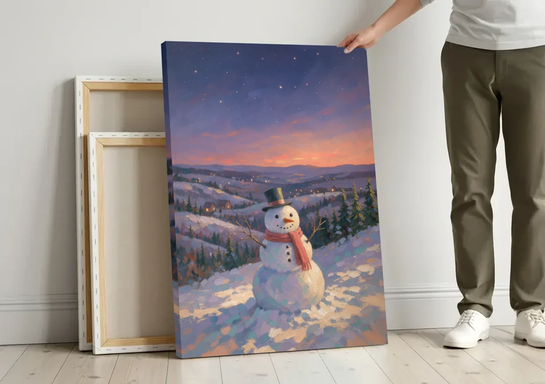 Snowy Night Painting with a Hilltop Snowman canvas wall art leaning against a wall next to blank canvases