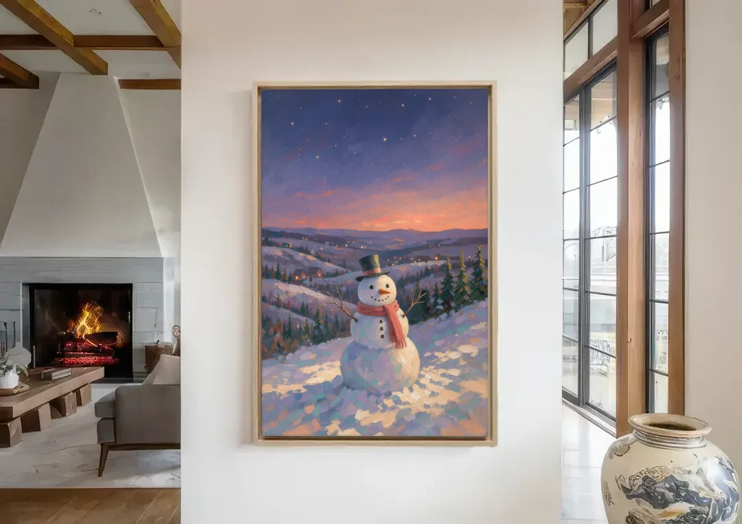 Snowy Night Painting with a Hilltop Snowman canvas wall art in a living room with a fireplace