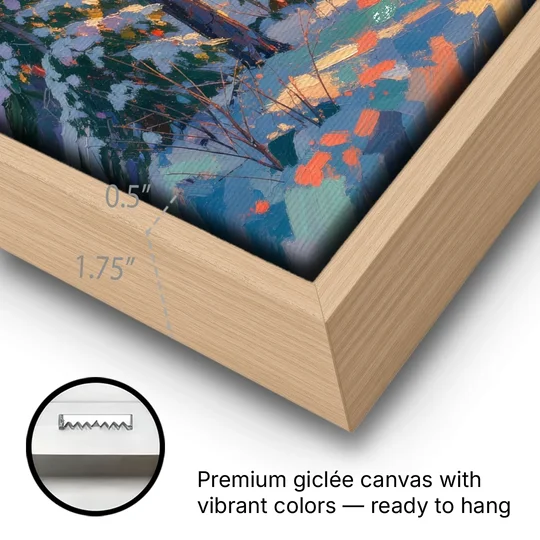 Snowy Pine Forest at Sunrise - Oak Framed Canvas Wall Art - Gallery Wrap Corner
