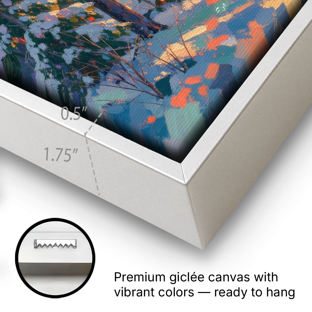 Snowy Pine Forest at Sunrise - White Framed Canvas Wall Art - Gallery Wrap Corner