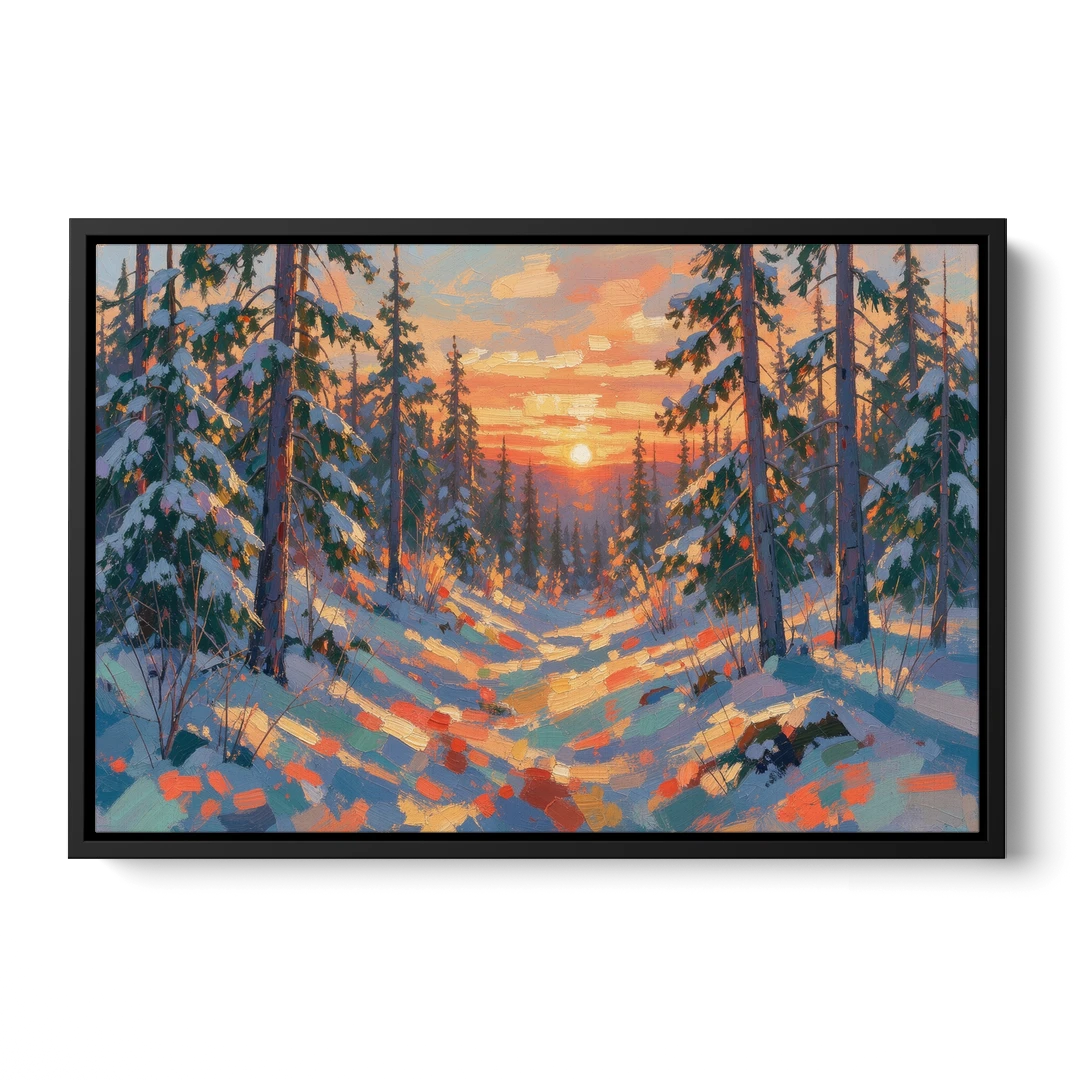 Snowy Pine Forest at Sunrise - Black Framed Canvas Wall Art - Front