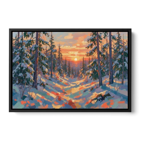 Snowy Pine Forest at Sunrise - Black Framed Canvas Wall Art - Front