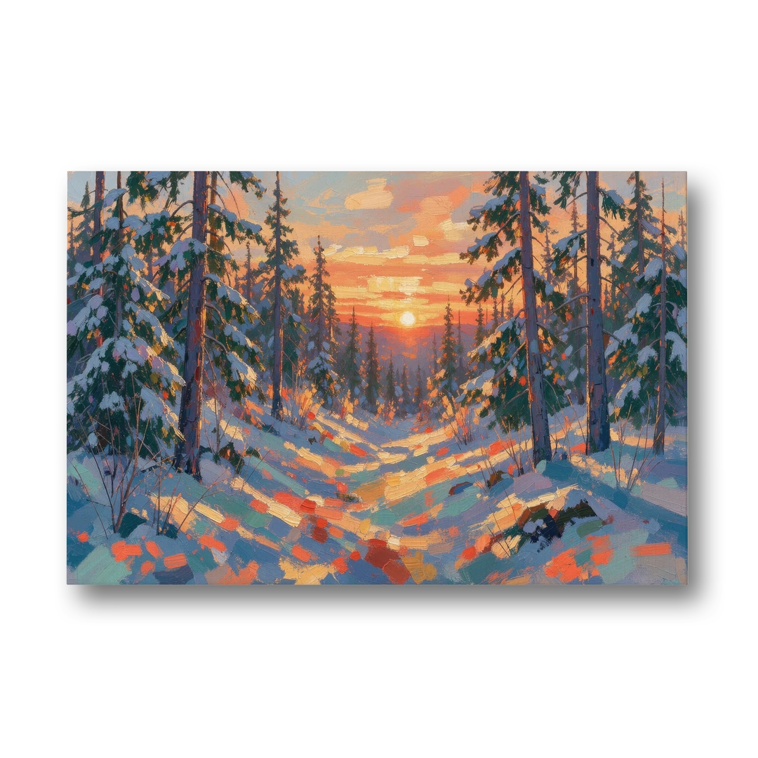 Snowy Pine Forest at Sunrise - Canvas Wall Art - Front