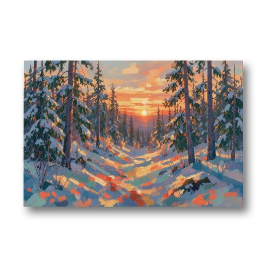 Snowy Pine Forest at Sunrise - Canvas Wall Art - Front