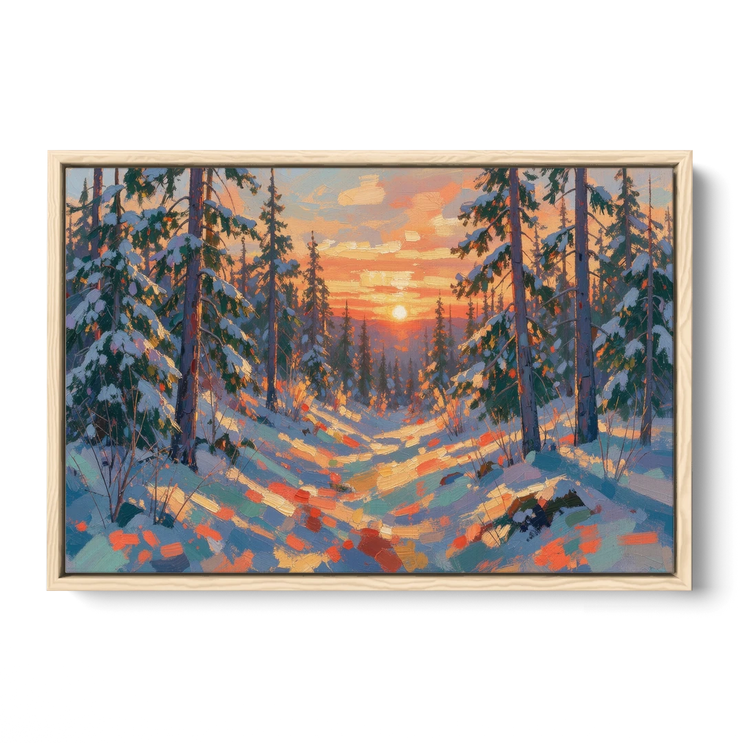 Snowy Pine Forest at Sunrise - Oak Framed Canvas Wall Art - Front