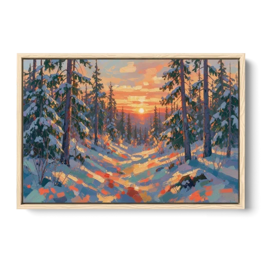 Snowy Pine Forest at Sunrise - Oak Framed Canvas Wall Art - Front