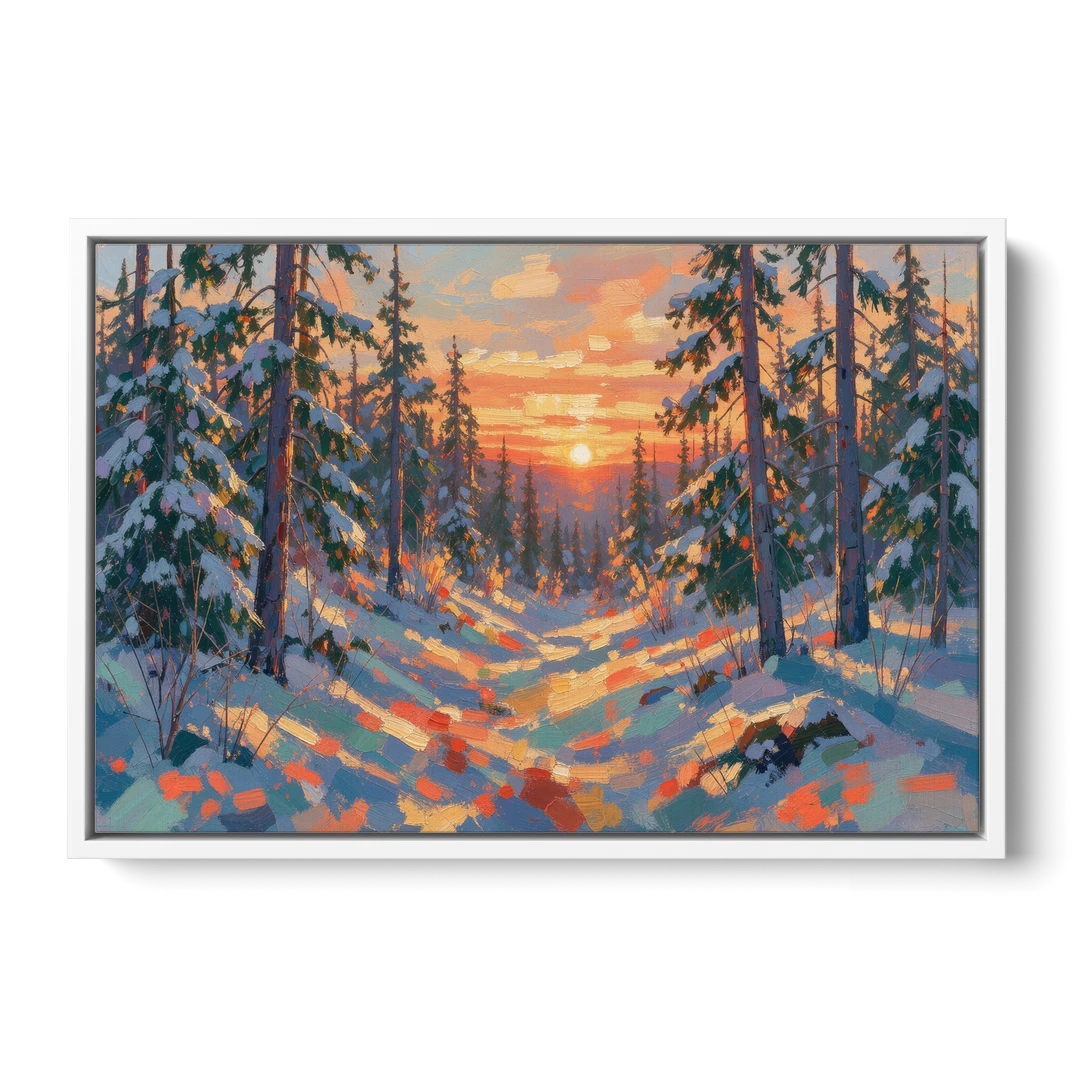 Snowy Pine Forest at Sunrise - White Framed Canvas Wall Art - Front