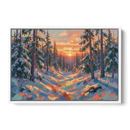 Snowy Pine Forest at Sunrise - White Framed Canvas Wall Art - Front