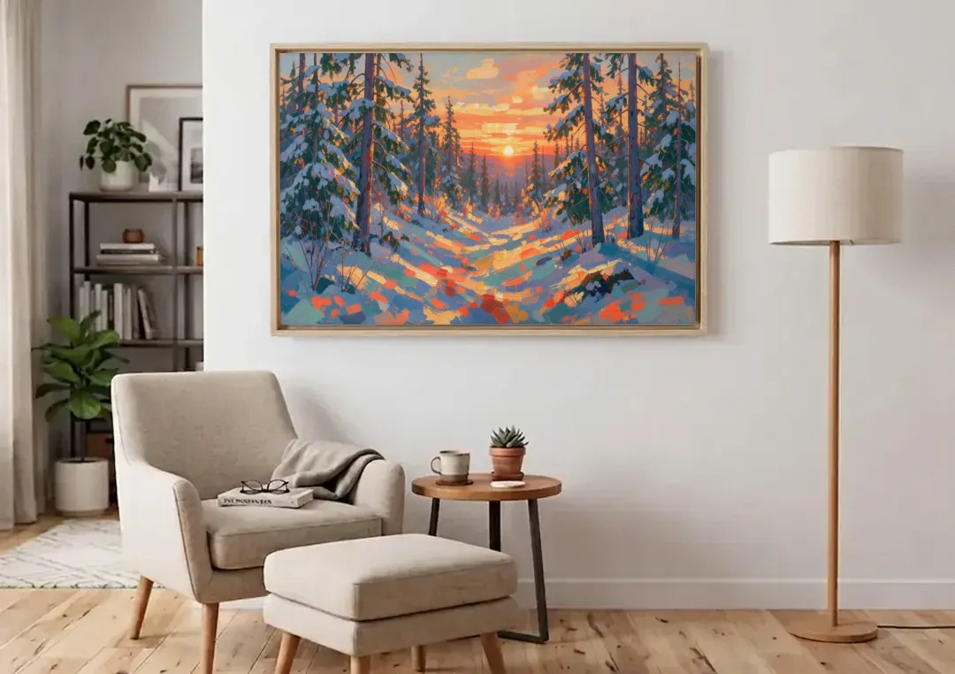 Snowy Pine Forest at Sunrise canvas wall art above an armchair in a bright living room