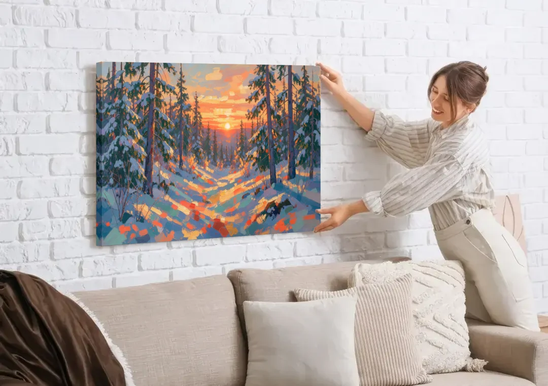Snowy Pine Forest at Sunrise canvas wall art being hung on a white brick wall above a sofa