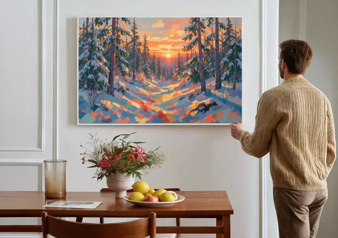 Snowy Pine Forest at Sunrise canvas wall art above a dining table