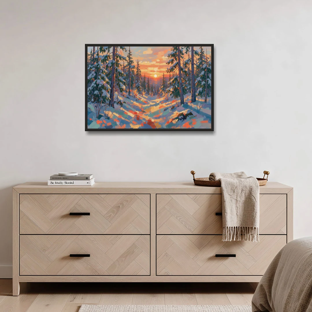 Snowy Pine Forest at Sunrise - Black Framed Canvas Wall Art - Coffee Table - 36x24