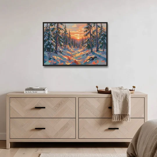 Snowy Pine Forest at Sunrise - Black Framed Canvas Wall Art - Coffee Table - 36x24