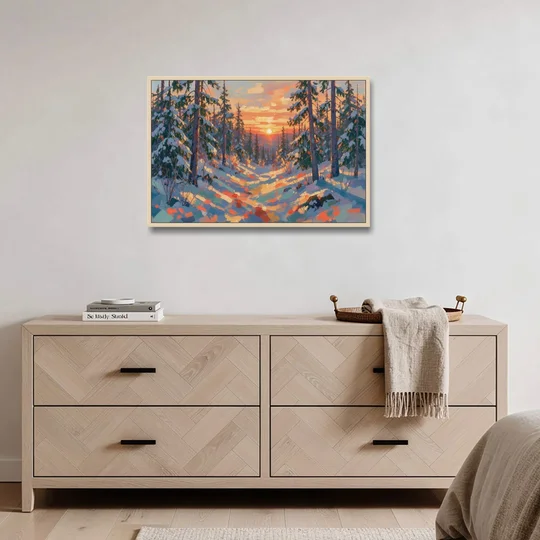 Snowy Pine Forest at Sunrise - Oak Framed Canvas Wall Art - Coffee Table - 36x24