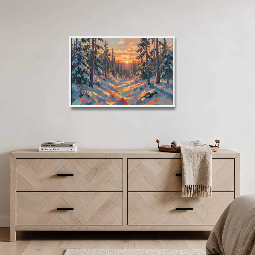 Snowy Pine Forest at Sunrise - White Framed Canvas Wall Art - Coffee Table - 36x24