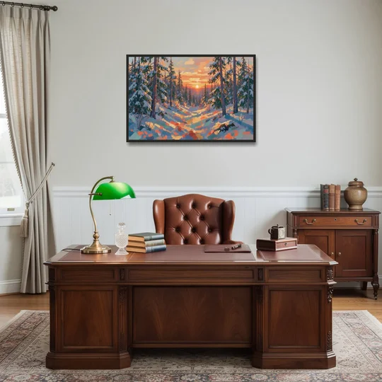 Snowy Pine Forest at Sunrise - Black Framed Canvas Wall Art - Office - 36x24