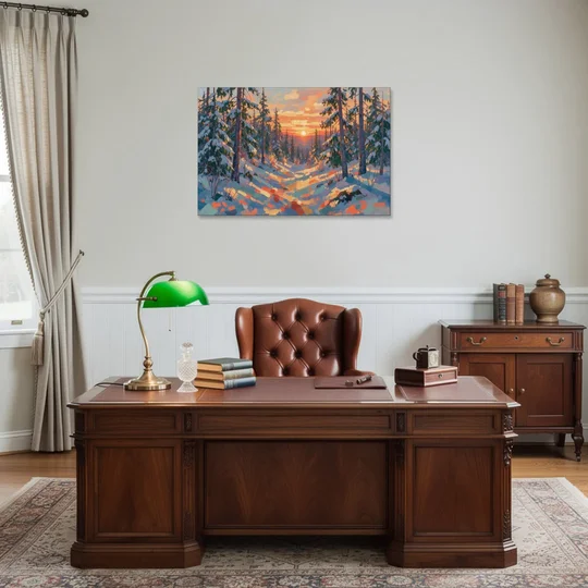 Snowy Pine Forest at Sunrise - Canvas Wall Art - Office - 36x24