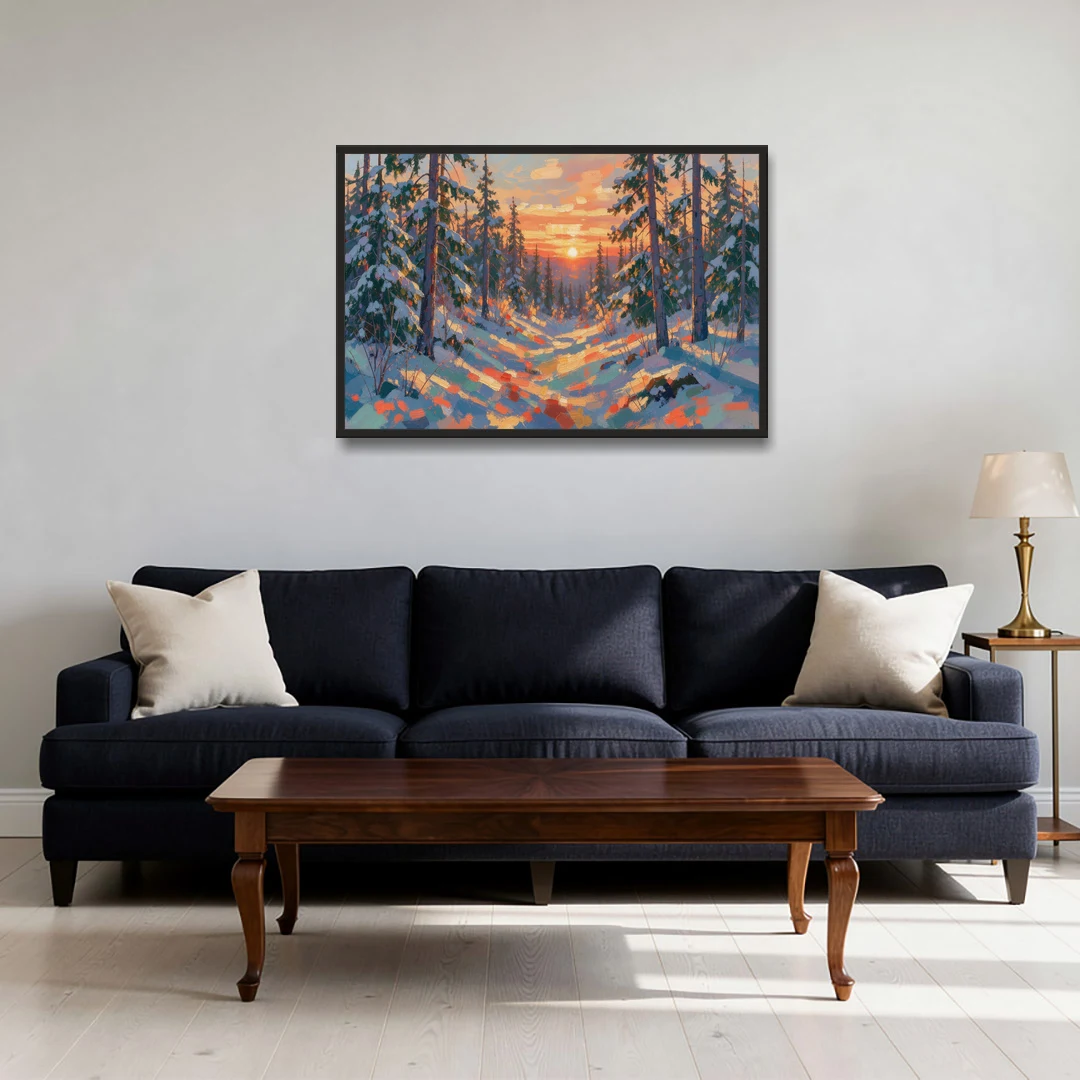 Snowy Pine Forest at Sunrise - Black Framed Canvas Wall Art - Sofa - 36x24