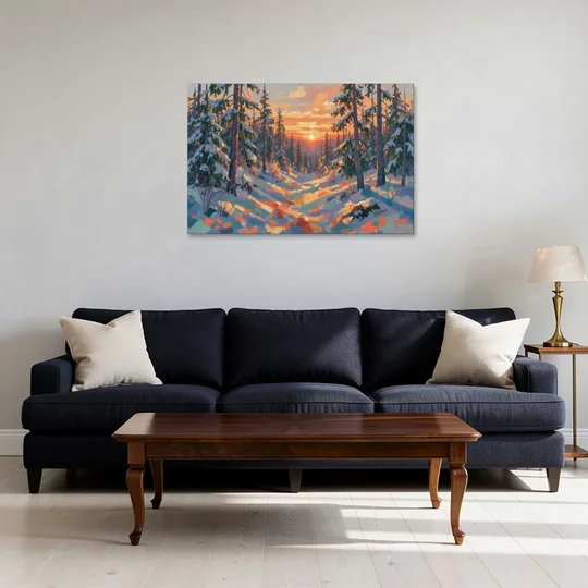 Snowy Pine Forest at Sunrise - Canvas Wall Art - Sofa - 36x24