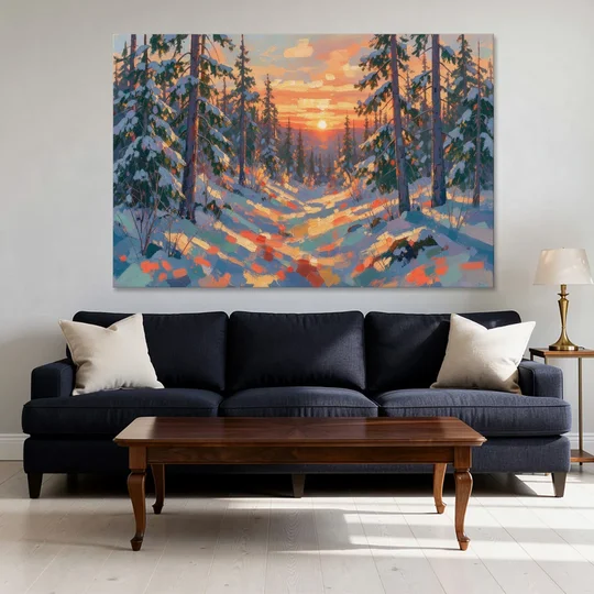 Snowy Pine Forest at Sunrise - Canvas Wall Art - Sofa - 60x40
