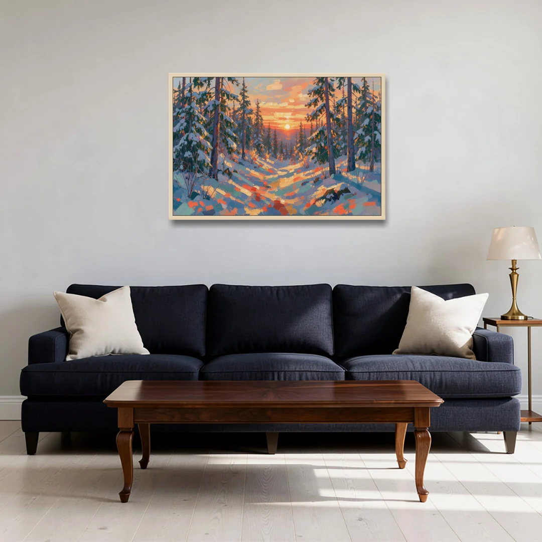 Snowy Pine Forest at Sunrise - Oak Framed Canvas Wall Art - Sofa - 36x24