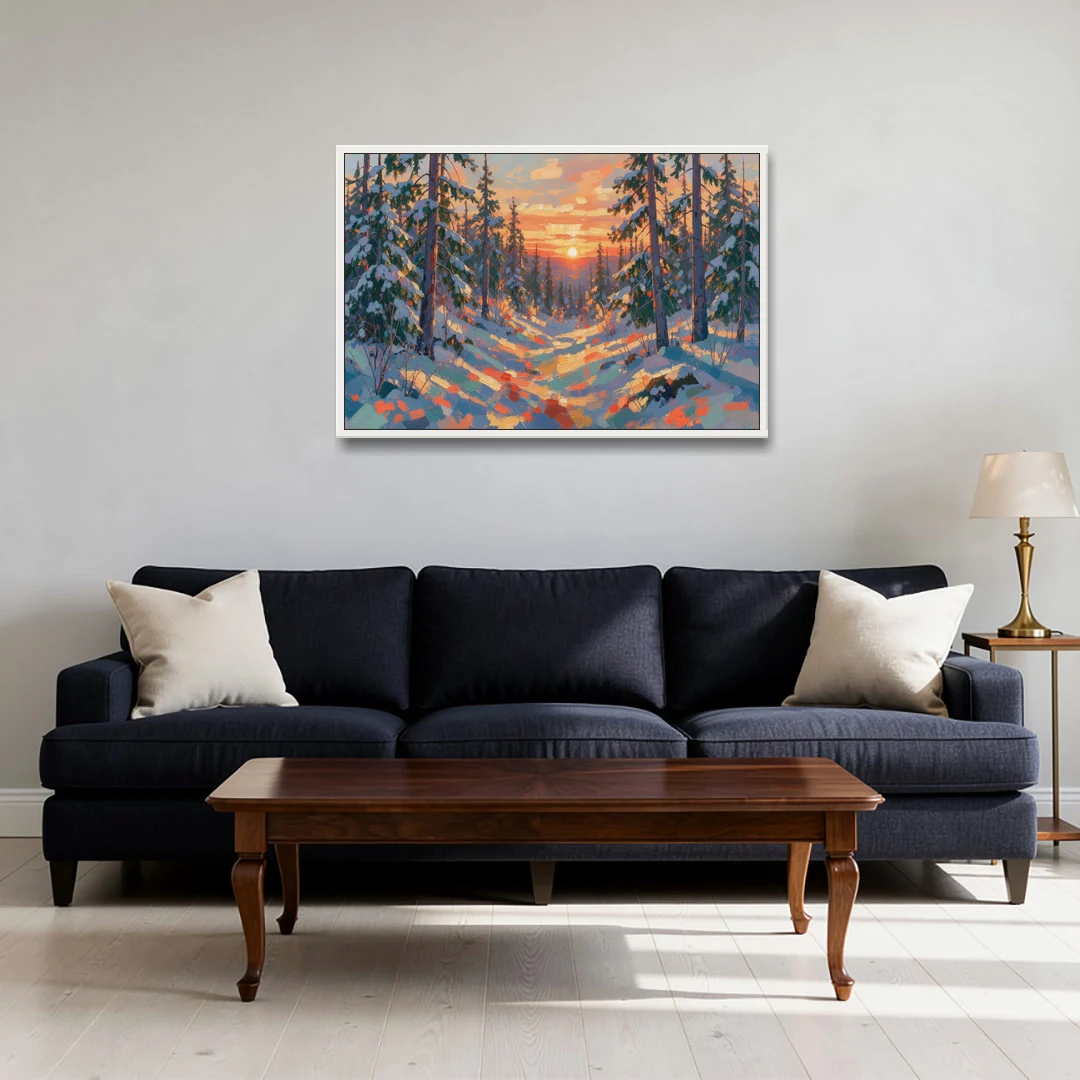 Snowy Pine Forest at Sunrise - White Framed Canvas Wall Art - Sofa - 36x24