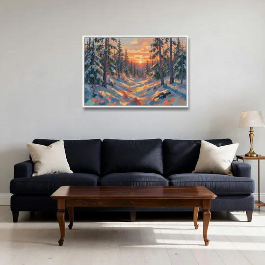 Snowy Pine Forest at Sunrise - White Framed Canvas Wall Art - Sofa - 36x24