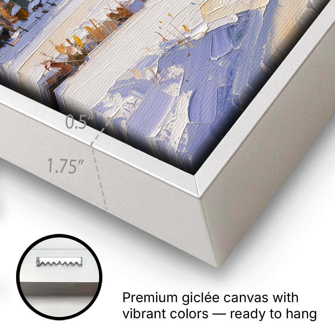 Snowy Village and Steeple at Dawn - White Framed Canvas Wall Art - Gallery Wrap Corner