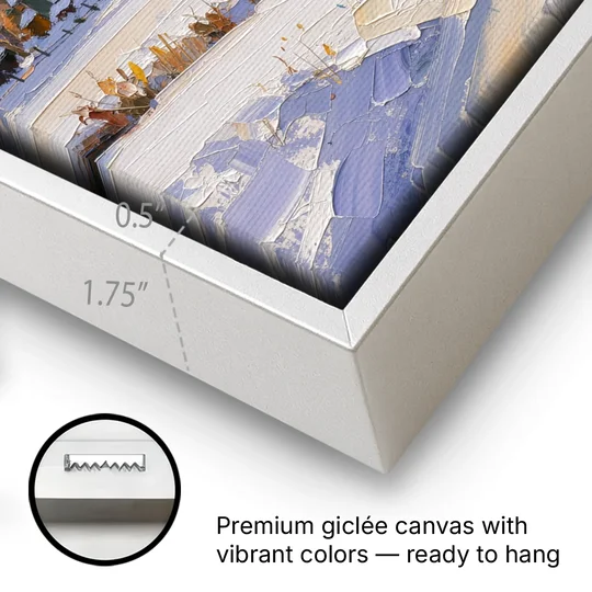 Snowy Village and Steeple at Dawn - White Framed Canvas Wall Art - Gallery Wrap Corner