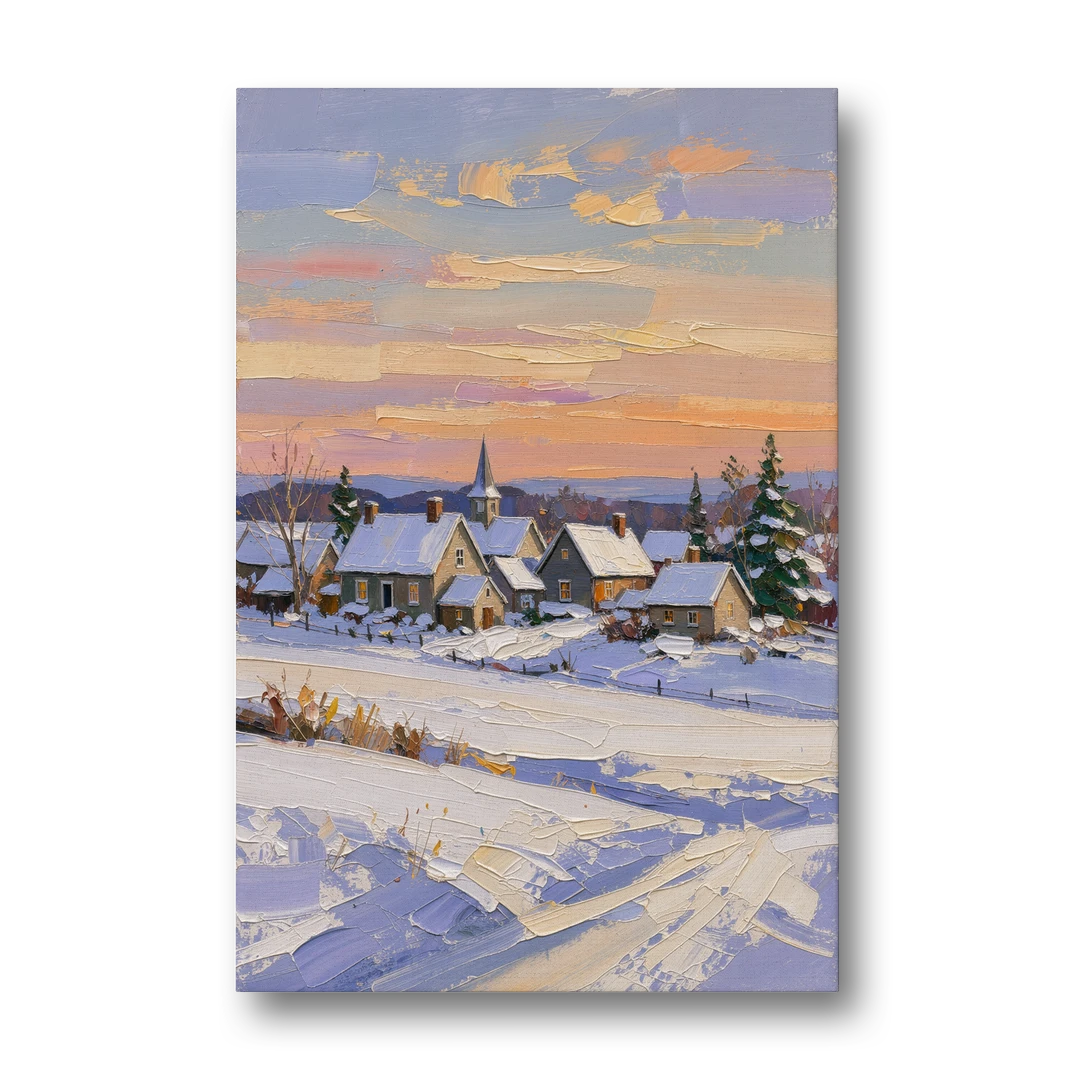 Snowy Village and Steeple at Dawn - Canvas Wall Art - Front