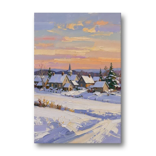 Snowy Village and Steeple at Dawn - Canvas Wall Art - Front