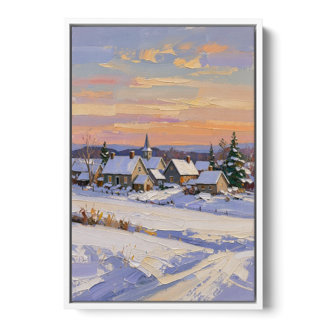 Snowy Village and Steeple at Dawn - White Framed Canvas Wall Art - Front