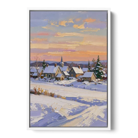Snowy Village and Steeple at Dawn - White Framed Canvas Wall Art - Front