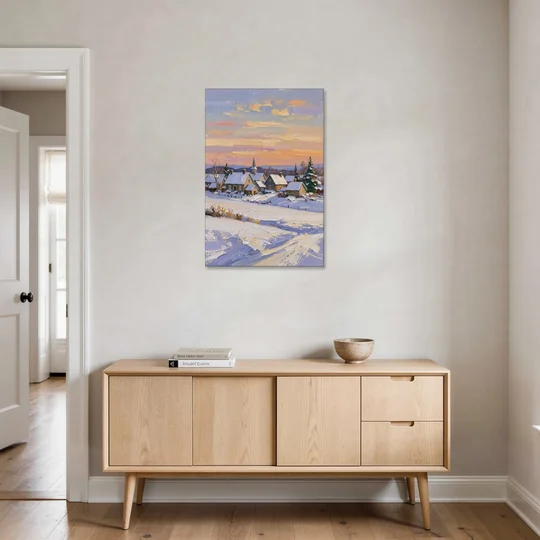 Snowy Village and Steeple at Dawn - Canvas Wall Art - Coffee Table - 24x36