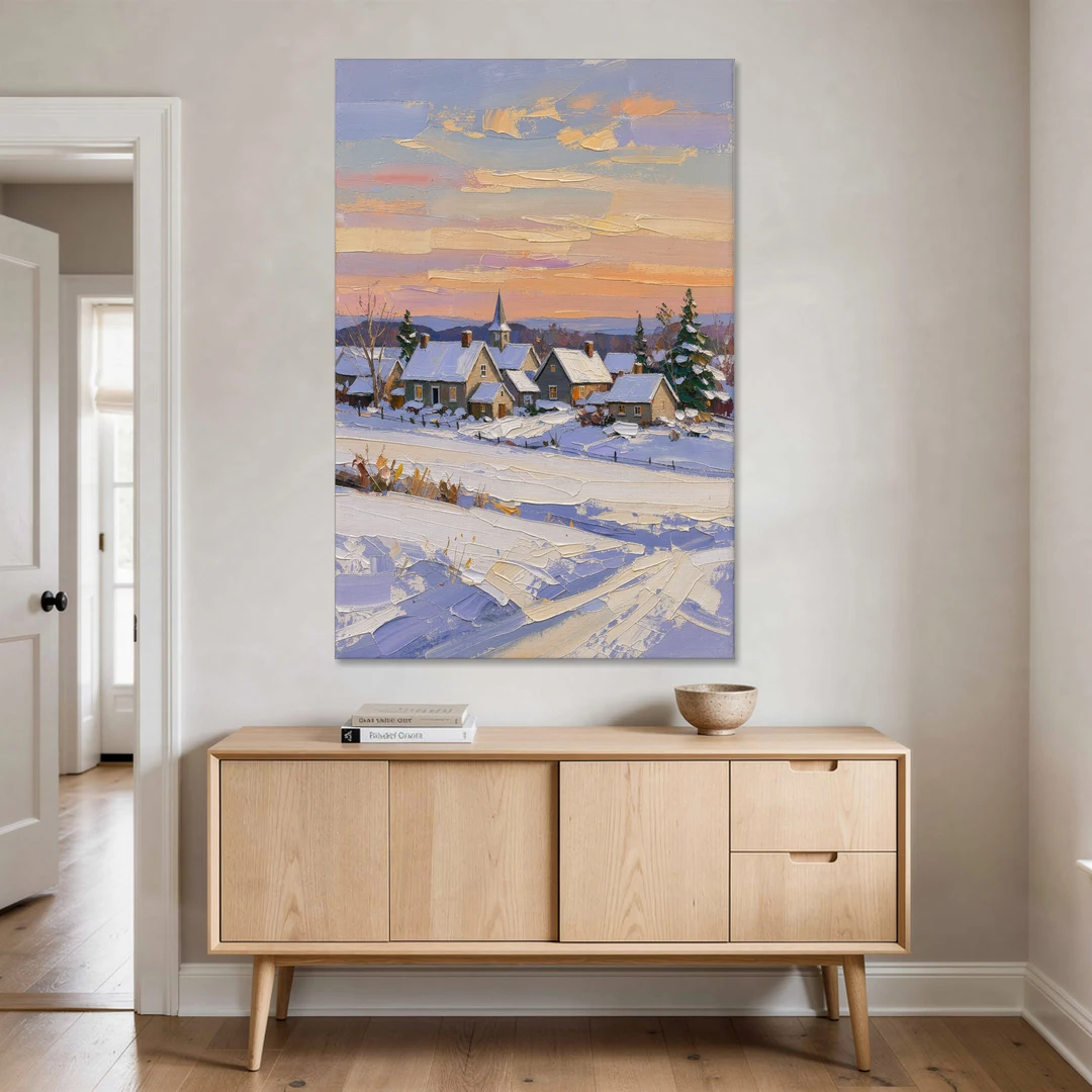 Snowy Village and Steeple at Dawn - Canvas Wall Art - Coffee Table - 40x60