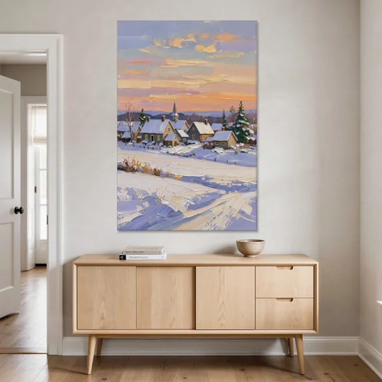 Snowy Village and Steeple at Dawn - Canvas Wall Art - Coffee Table - 40x60