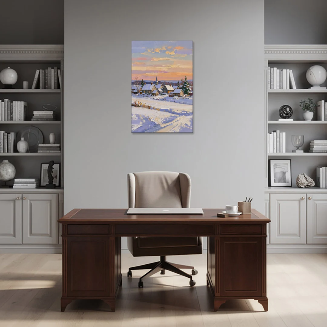 Snowy Village and Steeple at Dawn - Canvas Wall Art - Office - 24x36