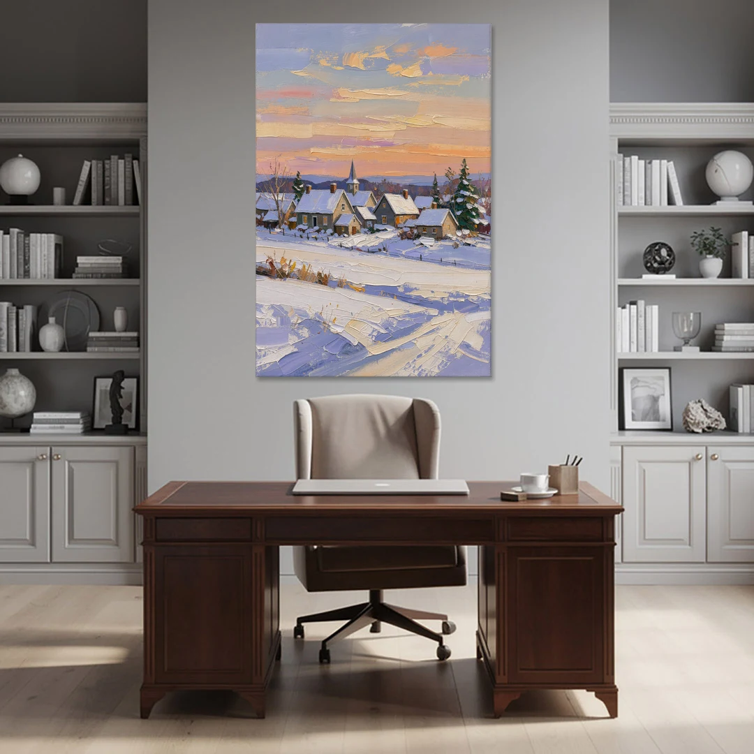 Snowy Village and Steeple at Dawn - Canvas Wall Art - Office - 40x60