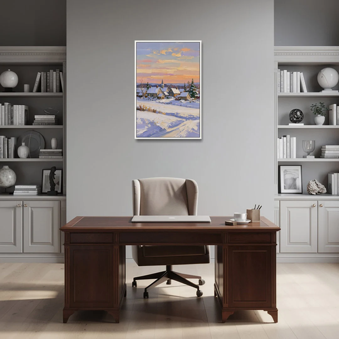 Snowy Village and Steeple at Dawn - White Framed Canvas Wall Art - Office - 24x36