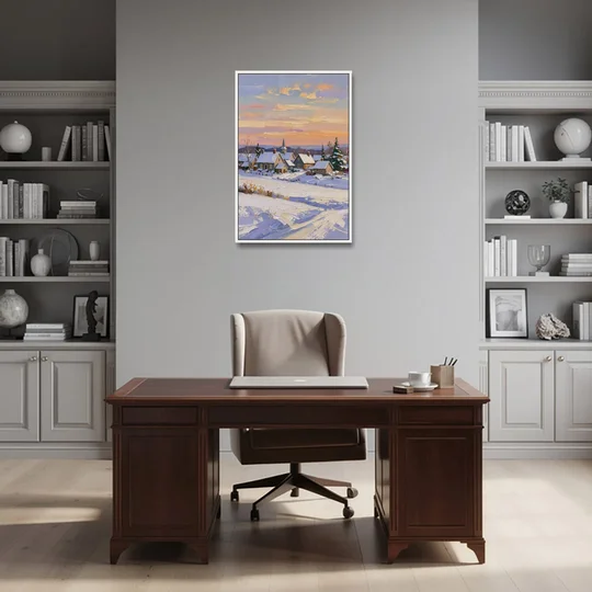 Snowy Village and Steeple at Dawn - White Framed Canvas Wall Art - Office - 24x36