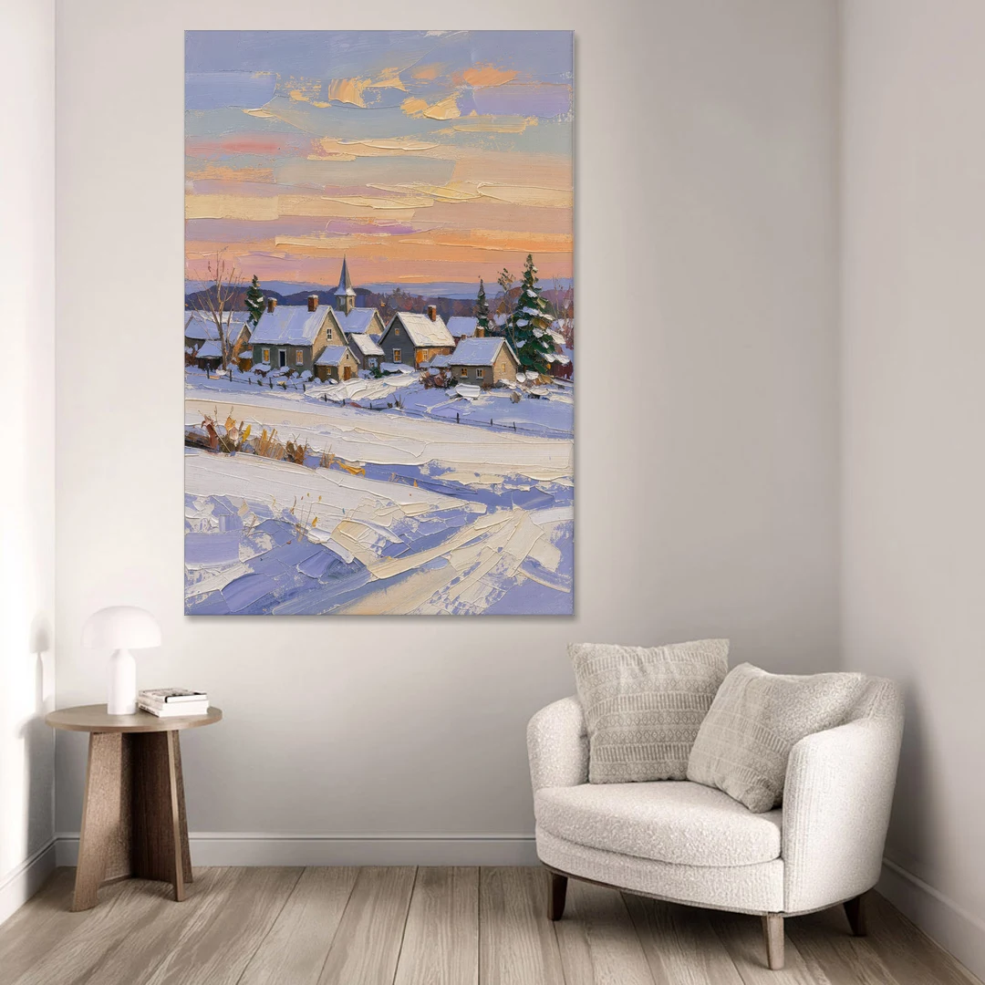 Snowy Village and Steeple at Dawn - Canvas Wall Art - Sofa - 40x60