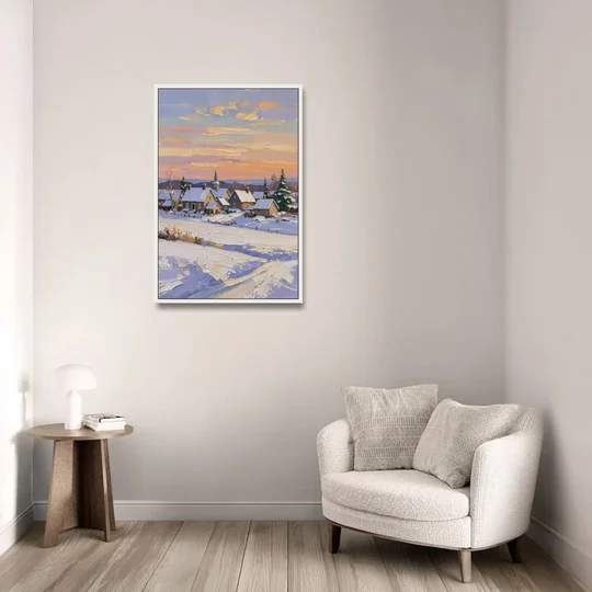 Snowy Village and Steeple at Dawn - White Framed Canvas Wall Art - Sofa - 24x36