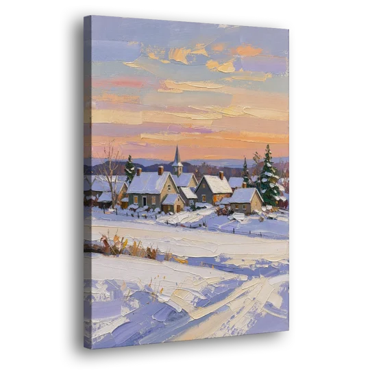 Snowy Village and Steeple at Dawn - Canvas Wall Art - Side