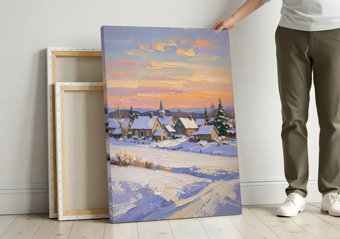 Snowy Village and Steeple at Dawn canvas wall art leaning against a wall next to blank canvases